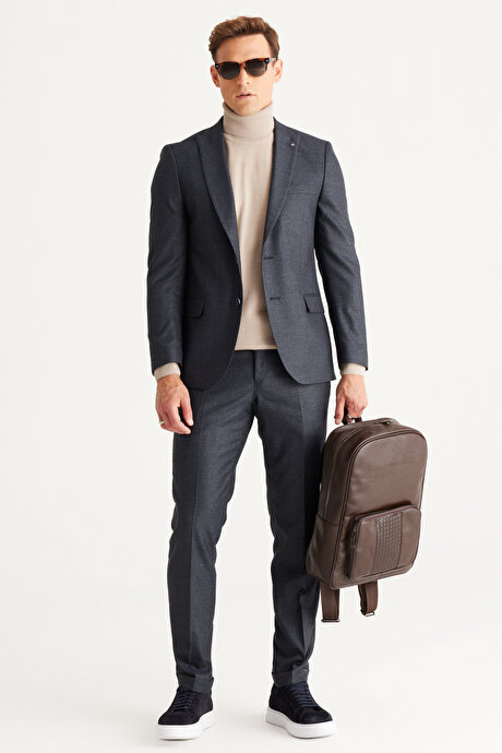 Slim Fit Dar Kesim Kırlangıç Yaka Desenli Lacivert-Gri Takım Elbise resmi