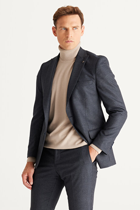 Slim Fit Dar Kesim Kırlangıç Yaka Desenli Lacivert-Gri Takım Elbise resmi