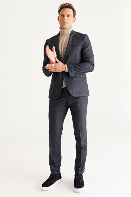 Slim Fit Dar Kesim Kırlangıç Yaka Desenli Lacivert-Gri Takım Elbise resmi