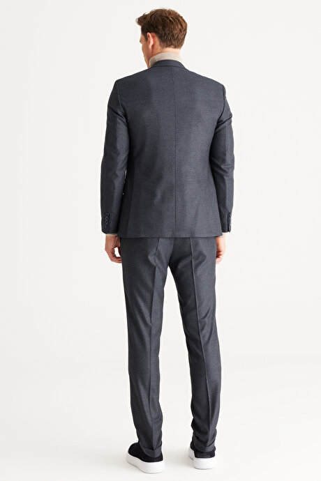 Slim Fit Dar Kesim Kırlangıç Yaka Desenli Lacivert-Gri Takım Elbise resmi