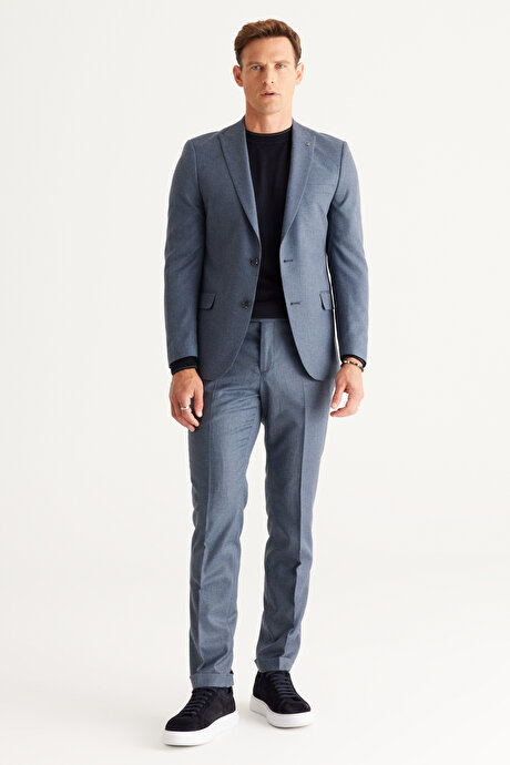 Slim Fit Dar Kesim Kırlangıç Yaka Desenli Mavi-Gri Takım Elbise resmi
