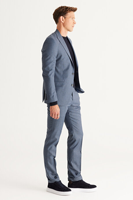 Slim Fit Dar Kesim Kırlangıç Yaka Desenli Mavi-Gri Takım Elbise resmi