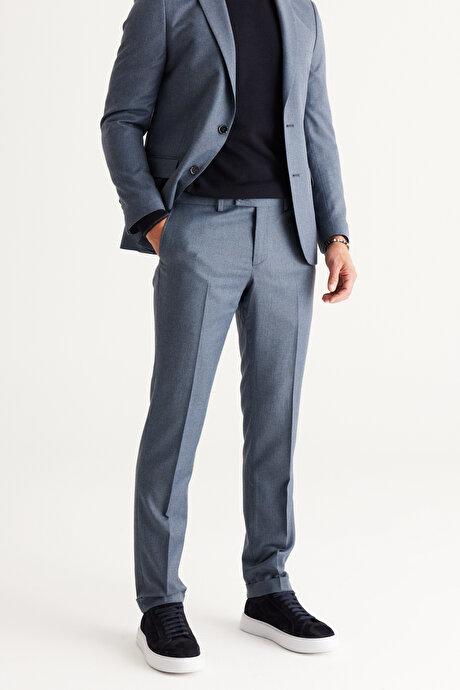 Slim Fit Dar Kesim Kırlangıç Yaka Desenli Mavi-Gri Takım Elbise resmi