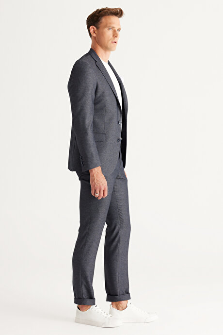 Ekstra Slim Fit Dar Kesim Mono Yaka Desenli Lacivert Takım Elbise resmi