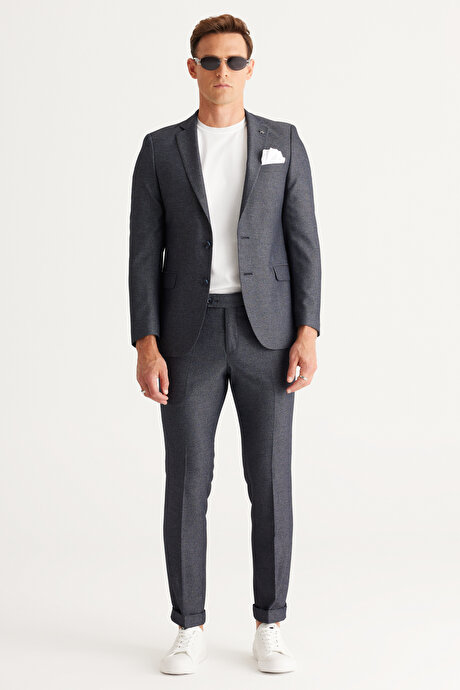 Ekstra Slim Fit Dar Kesim Mono Yaka Desenli Lacivert Takım Elbise resmi