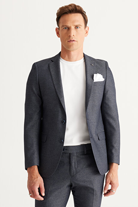 Ekstra Slim Fit Dar Kesim Mono Yaka Desenli Lacivert Takım Elbise resmi