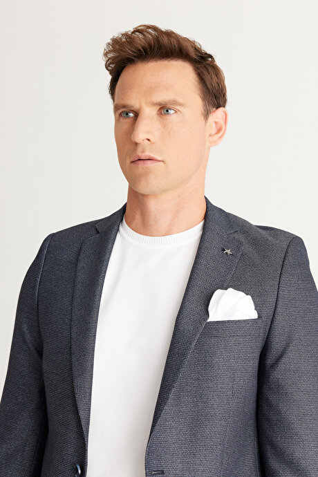 Ekstra Slim Fit Dar Kesim Mono Yaka Desenli Lacivert Takım Elbise resmi