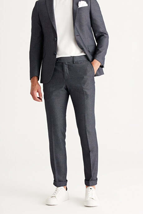 Ekstra Slim Fit Dar Kesim Mono Yaka Desenli Lacivert Takım Elbise resmi