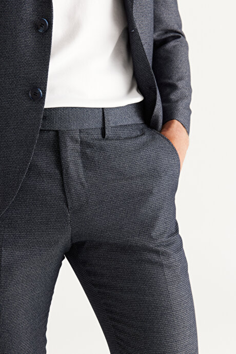Ekstra Slim Fit Dar Kesim Mono Yaka Desenli Lacivert Takım Elbise resmi