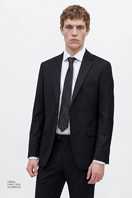 Slim Fit Dar Kesim Mono Yaka Siyah Takım Elbise resmi
