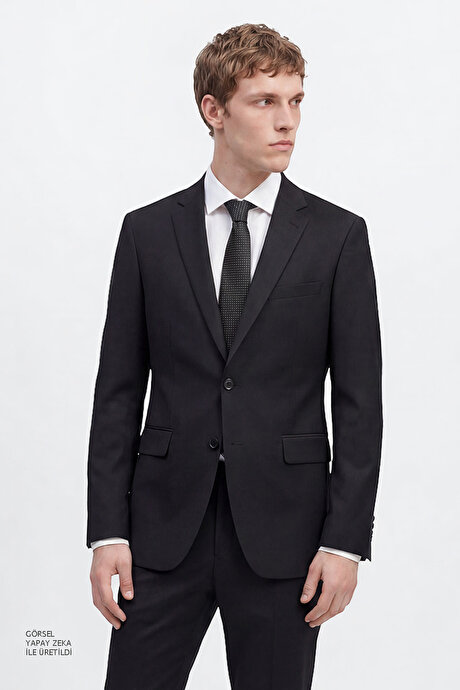 Slim Fit Dar Kesim Mono Yaka Siyah Takım Elbise resmi