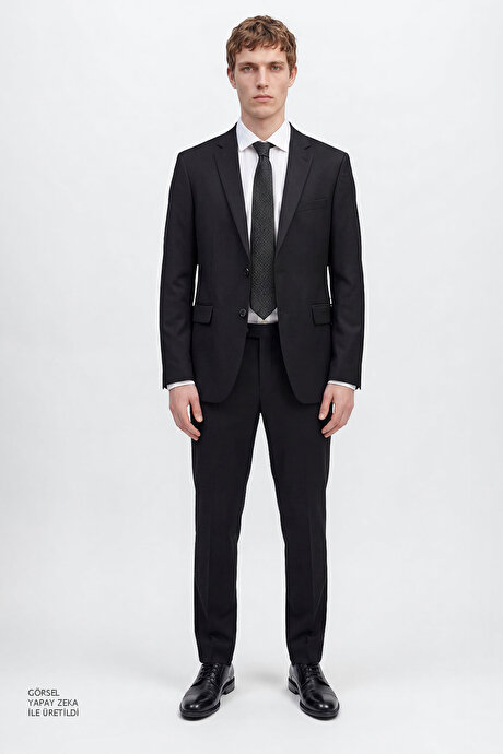 Slim Fit Dar Kesim Mono Yaka Siyah Takım Elbise resmi