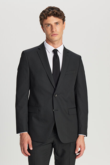 Slim Fit Dar Kesim Mono Yaka Siyah Takım Elbise resmi
