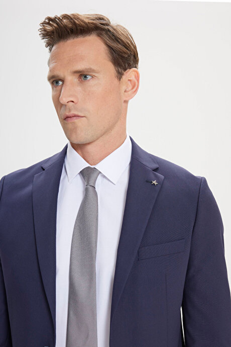 Slim Fit Dar Kesim Mono Yaka Lacivert Takım Elbise resmi