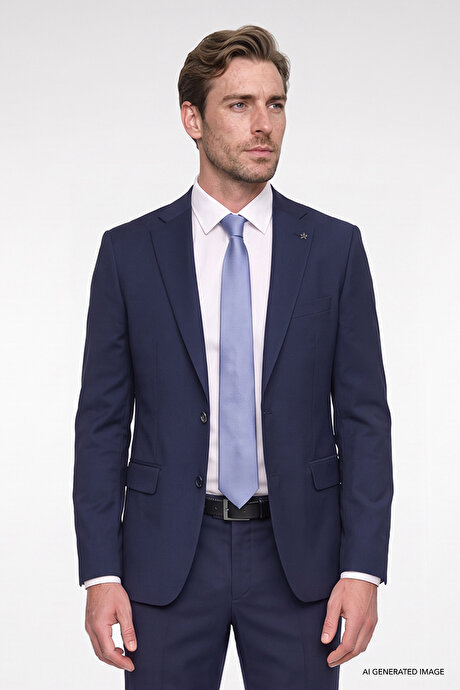 Slim Fit Dar Kesim Mono Yaka Lacivert Takım Elbise resmi