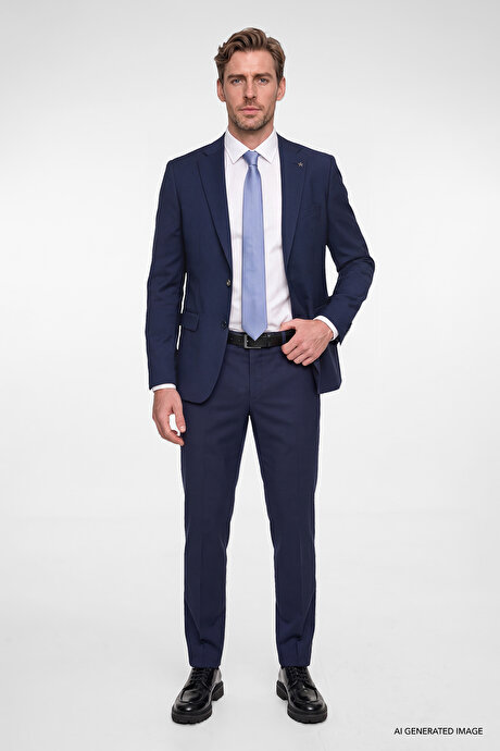 Slim Fit Dar Kesim Mono Yaka Lacivert Takım Elbise resmi