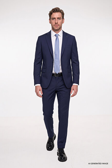 Slim Fit Dar Kesim Mono Yaka Lacivert Takım Elbise resmi