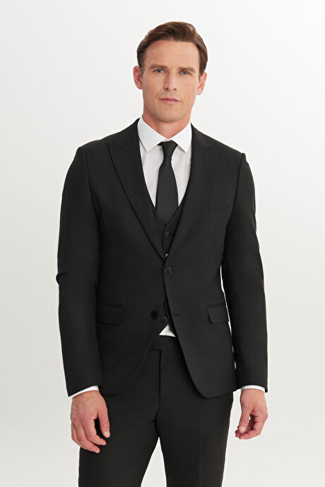 Slim Fit Dar Kesim Kırlangıç Yaka Kapak Cepli Yelekli Siyah Yelekli Takım Elbise resmi