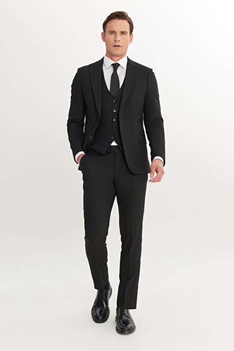 Slim Fit Dar Kesim Kırlangıç Yaka Kapak Cepli Yelekli Siyah Yelekli Takım Elbise resmi