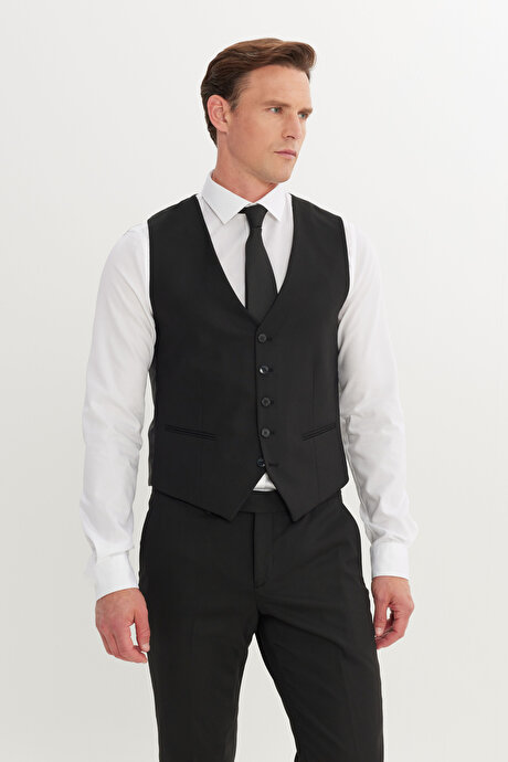 Slim Fit Dar Kesim Kırlangıç Yaka Kapak Cepli Yelekli Siyah Yelekli Takım Elbise resmi