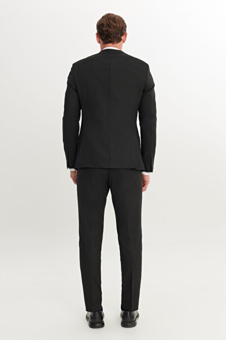 Slim Fit Dar Kesim Kırlangıç Yaka Kapak Cepli Yelekli Siyah Yelekli Takım Elbise resmi