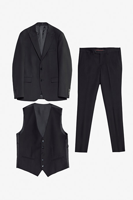 Slim Fit Dar Kesim Kırlangıç Yaka Kapak Cepli Yelekli Siyah Yelekli Takım Elbise resmi