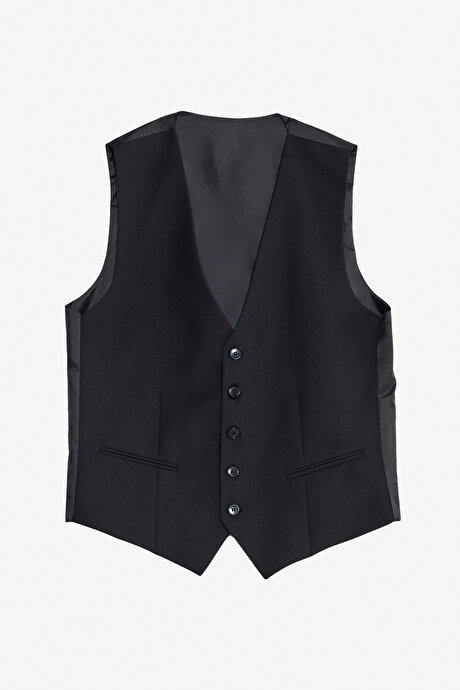 Slim Fit Dar Kesim Kırlangıç Yaka Kapak Cepli Yelekli Siyah Yelekli Takım Elbise resmi