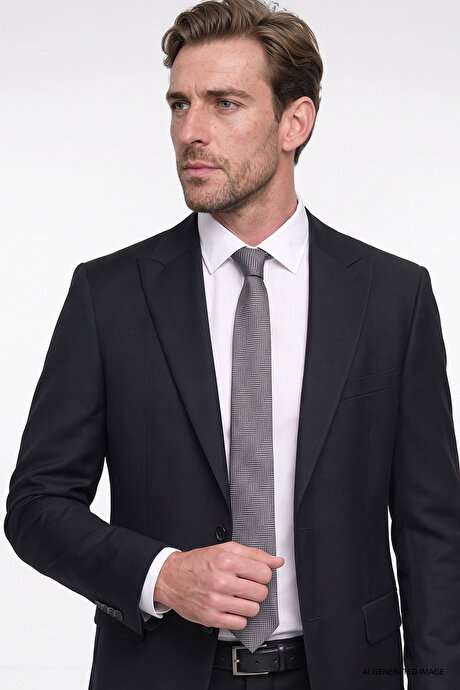Slim Fit Dar Kesim Kırlangıç Yaka Kapak Cepli Yelekli Siyah Yelekli Takım Elbise resmi