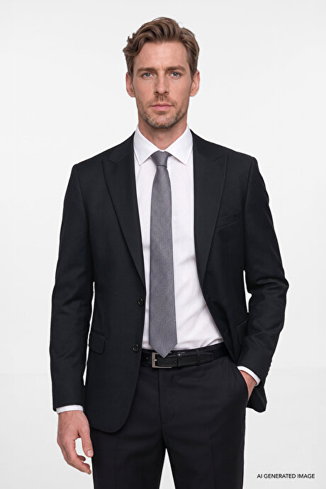 Slim Fit Dar Kesim Kırlangıç Yaka Kapak Cepli Yelekli Siyah Yelekli Takım Elbise resmi