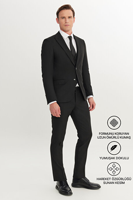 Slim Fit Dar Kesim Kırlangıç Yaka Kapak Cepli Yelekli Siyah Yelekli Takım Elbise resmi