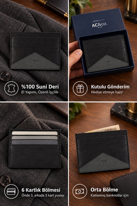 Özel Hediye Kutulu Suni Deri El Yapımı Siyah-Gri Kartlık resmi