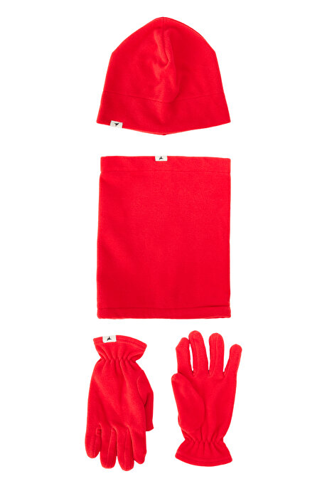 Anti-Pilling Sıcak Tutan Su İtici Polar Kırmızı Bere Boyunluk Eldiven Set resmi