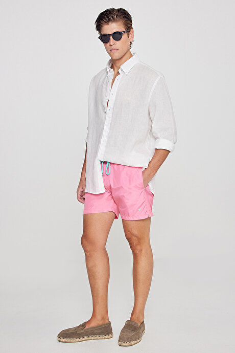 Standart Fit Normal Kesim Cepli Hızlı Kuruyan Desenli Pembe Mayo Deniz Şortu resmi