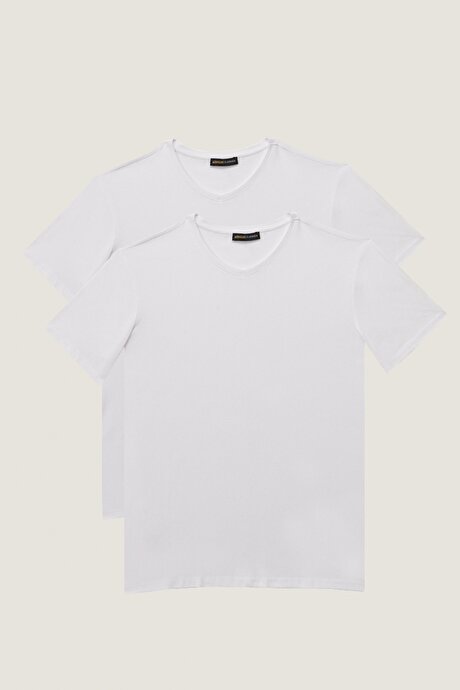 Slim Fit Dar Kesim V Yaka 2'li Beyaz Tişört Paketi resmi