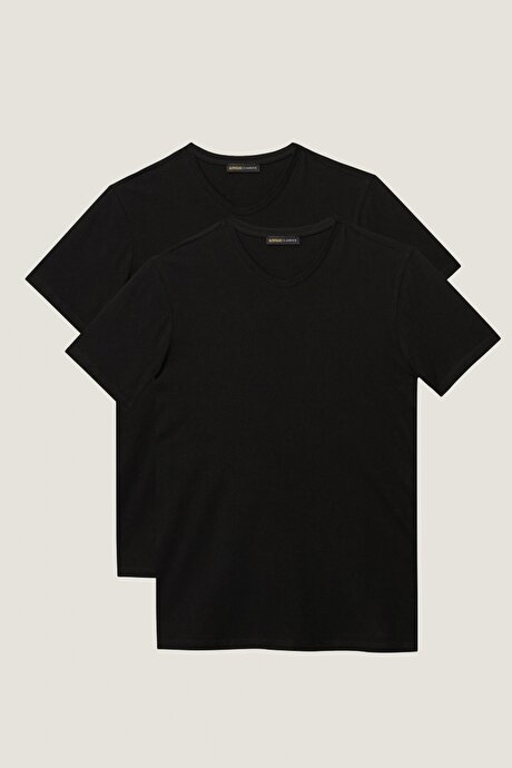Slim Fit Dar Kesim V Yaka 2'li Siyah Tişört Paketi resmi