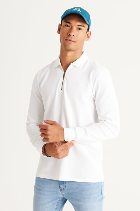 Slim Fit Dar Kesim Polo Yaka Beyaz Tişört resmi