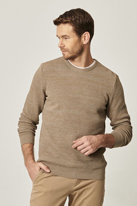 Standart Fit Normal Kesim Pamuklu Bisiklet Yaka Muline Desenli Bej-Gri Kazak resmi