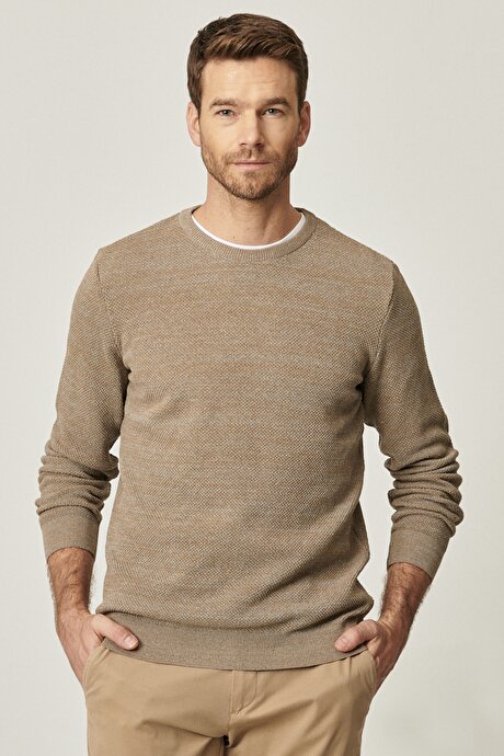 Standart Fit Normal Kesim Pamuklu Bisiklet Yaka Muline Desenli Bej-Gri Kazak resmi