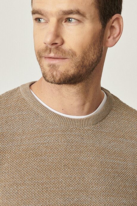 Standart Fit Normal Kesim Pamuklu Bisiklet Yaka Muline Desenli Bej-Gri Kazak resmi