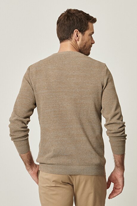 Standart Fit Normal Kesim Pamuklu Bisiklet Yaka Muline Desenli Bej-Gri Kazak resmi