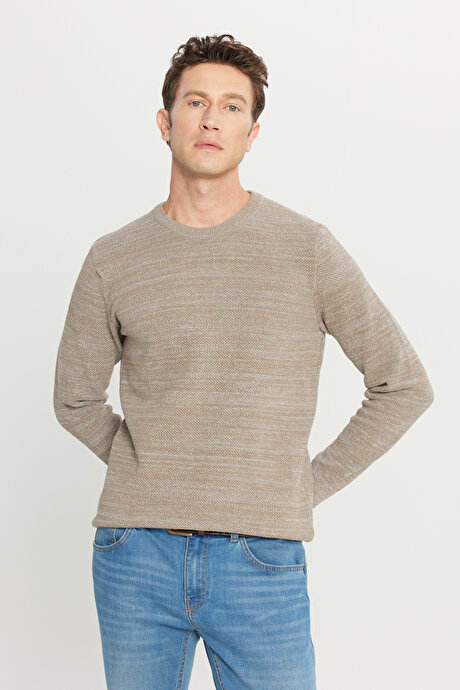 Standart Fit Normal Kesim Pamuklu Bisiklet Yaka Muline Desenli Bronz-Gri Kazak resmi