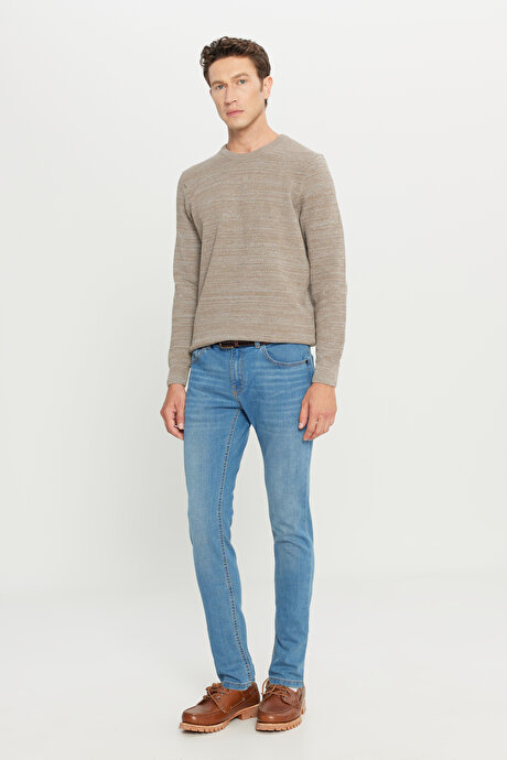 Standart Fit Normal Kesim Pamuklu Bisiklet Yaka Muline Desenli Bronz-Gri Kazak resmi