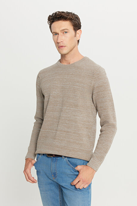 Standart Fit Normal Kesim Pamuklu Bisiklet Yaka Muline Desenli Bronz-Gri Kazak resmi