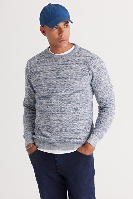 Standart Fit Normal Kesim Pamuklu Bisiklet Yaka Muline Desenli EKRU-PETROL Kazak resmi