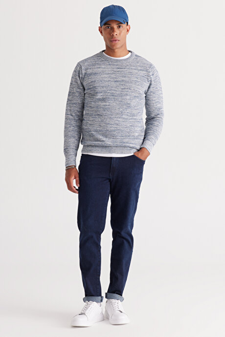 Standart Fit Normal Kesim Pamuklu Bisiklet Yaka Muline Desenli EKRU-PETROL Kazak resmi