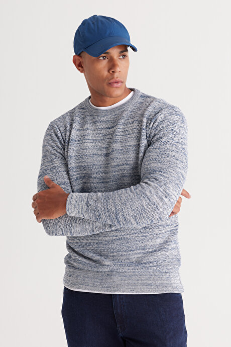 Standart Fit Normal Kesim Pamuklu Bisiklet Yaka Muline Desenli EKRU-PETROL Kazak resmi