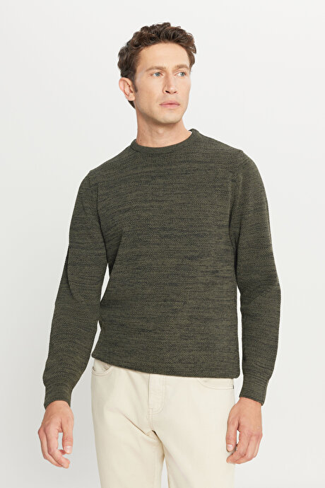 Standart Fit Normal Kesim Pamuklu Bisiklet Yaka Muline Desenli Haki-Siyah Kazak resmi