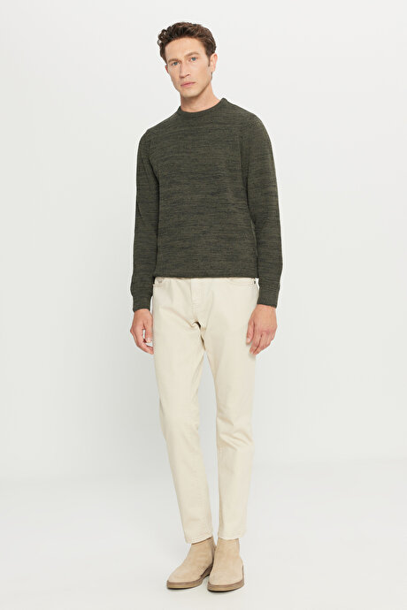 Standart Fit Normal Kesim Pamuklu Bisiklet Yaka Muline Desenli Haki-Siyah Kazak resmi