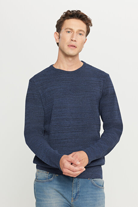 Standart Fit Normal Kesim Pamuklu Bisiklet Yaka Muline Desenli İndigo-Siyah Kazak resmi