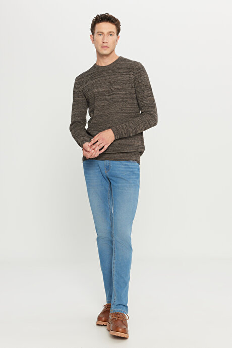 Standart Fit Normal Kesim Pamuklu Bisiklet Yaka Muline Desenli Kahve-Bej Kazak resmi